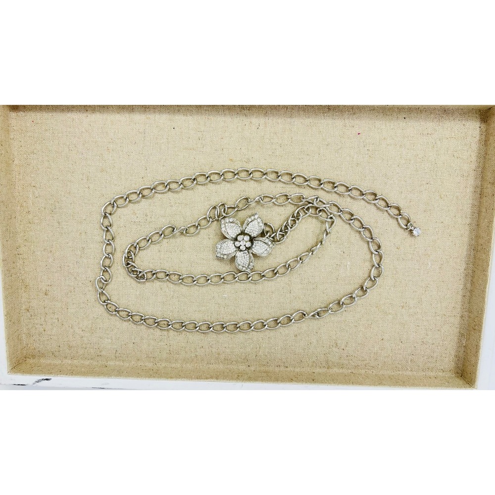 Vintage Silver Tone Rhinestone Flower Chain Belt Adjustable Y2K Floral Buckle